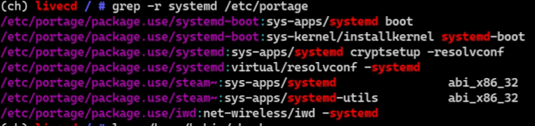 Figure 4: grep -r systemd /etc/portage